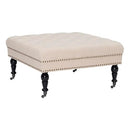 Linon Isabelle Square Upholstered Ottoman Black Legs Natural Beige Fabric - Brand New