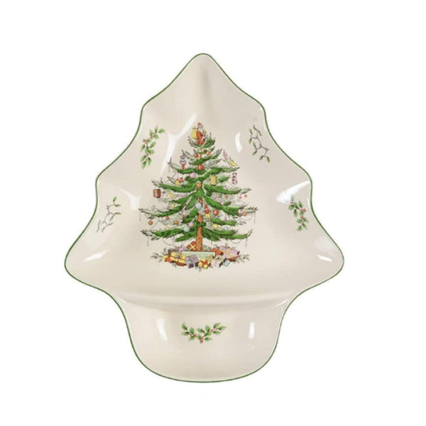 SPODE CHRISTMAS TREE CHIP DIP TREE-SHAPED DISH 14" PORCELAIN - 1697959 - GREEN - Like New
