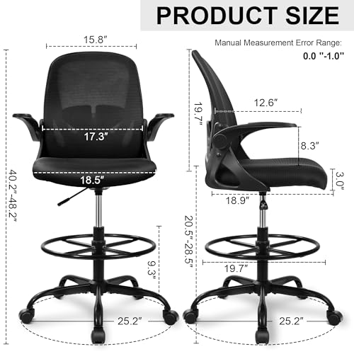 PRIMY DRAFTING CHAIR TALL FLIP-UP ARMRESTS LUMBAR SUPPORT PR-934-Z - BLACK - Like New