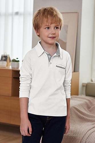 Arshiner Boy's Long Sleeve Plaid Trim Polo School Shirt Pocket 4-12 Years WHT - Brand New