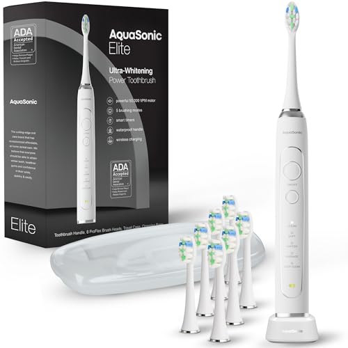 AQUASONIC ELITE ULTRA-WHITENING TOOTHBRUSH ADA 8 PROFLEX BRUSH - WHITE - Like New