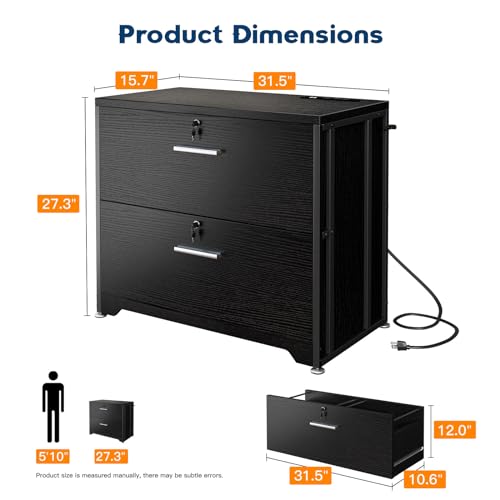 AODK FILE CABINET WITH CHARGING STATION - 2 DRAWER LEGAL/LETTER/A4 - BLACK - Like New