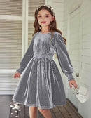 Arshiner Girls Long Sleeve Dress Velvet Crew Neck Midi Fall Vintage Dress - Like New
