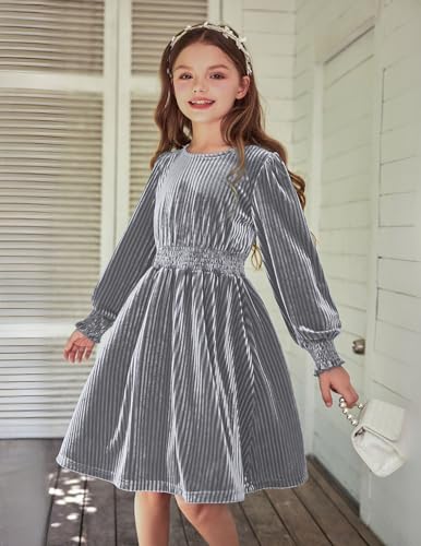 Arshiner Girls Long Sleeve Dress Velvet Crew Neck Midi Fall Vintage Dress - Like New