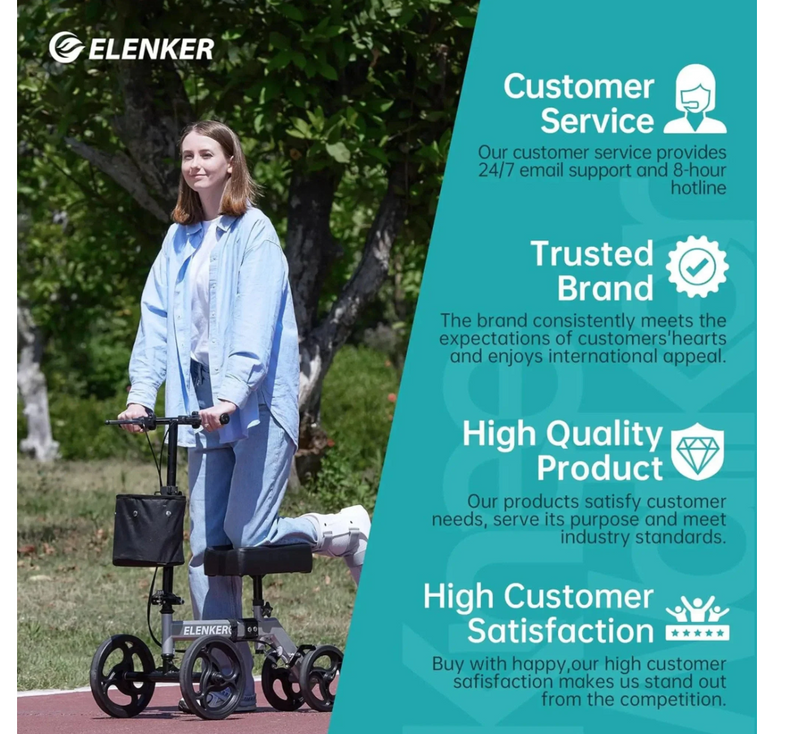 ELENKER YF-9002A STEERABLE DELUXE MEDICAL KNEE WALKER 10" WHEELS - SILVER - Like New