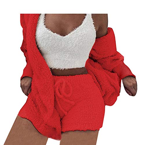 Famnbro Women Sexy Fuzzy 3 Piece Outfits Fleece Hooded Cardigan Pajamas Red M - Like New