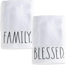 RAE DUNN HAND TOWEL, TWO PACK, 16X28, EMBROIDERED BLESSED/FAMILY - WHITE - Brand New