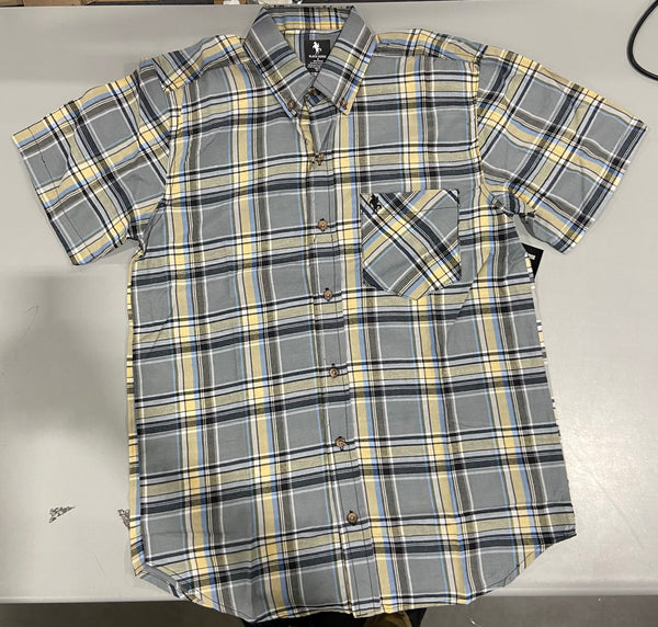 BLACK HORSE MEN'S WOVEN PLAID SHIRT - SMALL - GRAY/BLACK/LIGHT BLUE/YELLOW/WHITE - Brand New