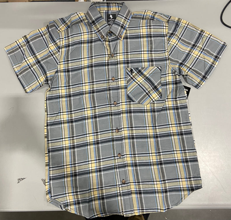 BLACK HORSE MEN'S WOVEN PLAID SHIRT - SMALL - GRAY/BLACK/LIGHT BLUE/YELLOW/WHITE - Brand New