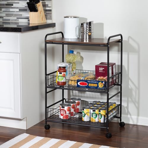 HONEY-CAN-DO 3-Tier Rolling Cart Wood Shelf Pull-Out Baskets CRT-09580 - Black Like New