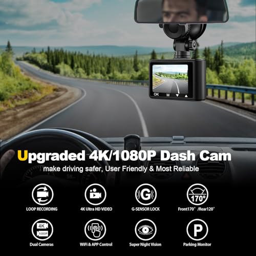 SASINON DASH CAMERA, 4K/1080P DASH CAM FRONT REAR BUILT-IN WIFI - BLACK Like New