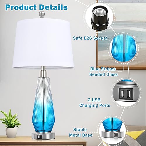 28'' Tall Table Lamp Set of 2 Modern Table Lamp Bedroom 2 USB Port - Blue/White Like New