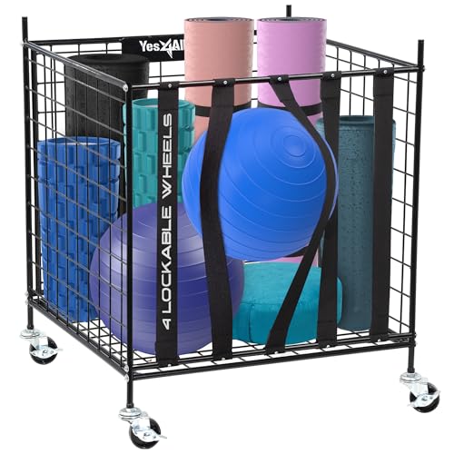 YES4ALL Rolling Ball Cart Storage Lockable Wheels Volleyball Basketball Holder Like New