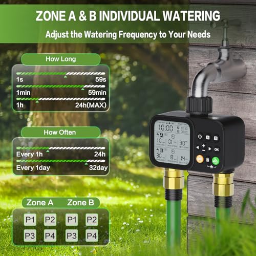 TJJFMM Sprinkler Timer for Garden Hose, 2 Outlet 8 Programmable, WT08- BLACK - Like New