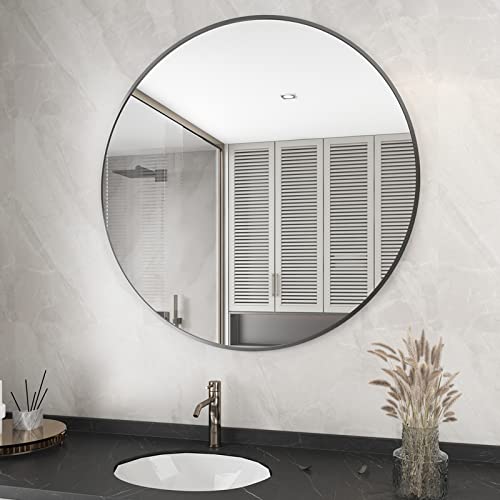 KOONMI BATHROOM ROUND MIRROR 30" CIRCLE WALL MIRROR METAL FRAMED - BLACK - Like New