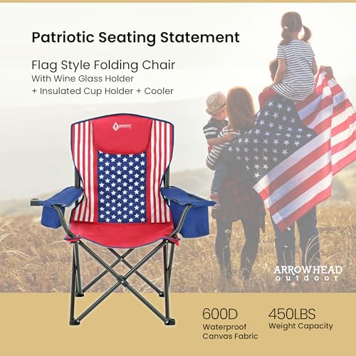 ARROWHEAD OUTDOOR PORTABLE FOLDING CAMPING QUAD CHAIR 6-CAN COOLER AMERICAN FLAG Like New