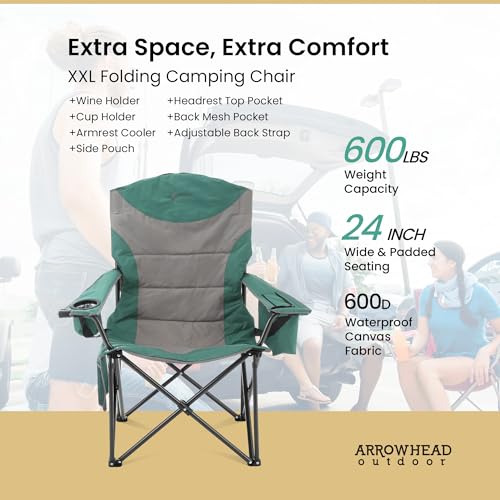 ARROWHEAD OUTDOOR XXL Folding Padded Camping Chair w/Cup & Wine Holder - Green Like New