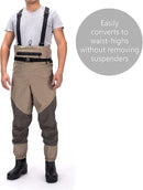 BASSDASH MEN’S BREATHABLE CHEST AND WAIST CONVERTIBLE WADERS - SIZE: L - KHAKI - Like New