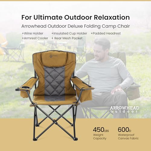 ARROWHEAD OUTDOOR PORTABLE FOLDING CAMPING QUAD CHAIR W/ 6-CAN COOLER - BROWN - Like New