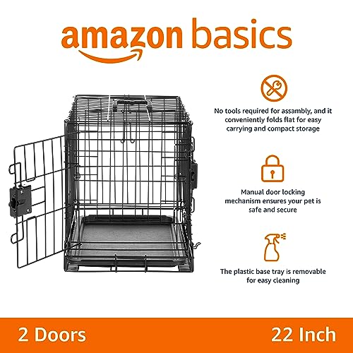 AMAZON BASICS DURABLE FOLDABLE METAL WIRE PET CRATE TRAY DOUBLE DOOR, 22X13X16 Like New