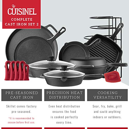 CUISINEL COOKWARE SET COMPLETE PRE-SEASONED KIT 8" SKILLET + 10"+12" - Cast Iron Like New