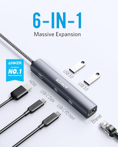 ANKER 6-IN-1 USB C HUB WITH 65W POWER DELIVERY, 4K HDMI, 1GBPS ETHERNET - GRAY - Like New