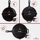 CUISINEL 8" 10" 12" CAST IRON SKILLETS SET GLASS LIDS C12608-10-12-G - BLACK - Like New