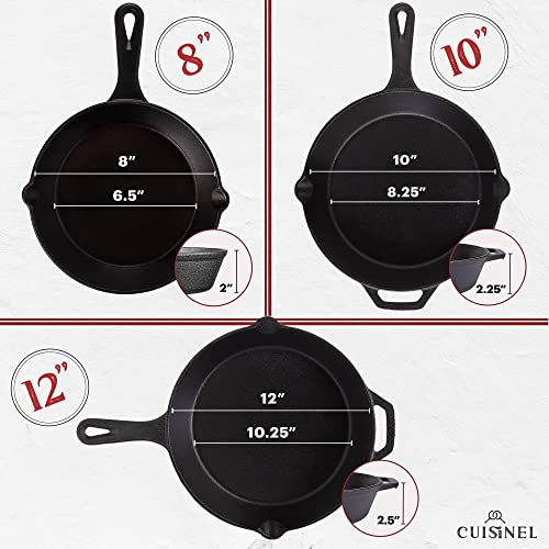 CUISINEL 8" 10" 12" CAST IRON SKILLETS SET GLASS LIDS C12608-10-12-G - BLACK - Like New