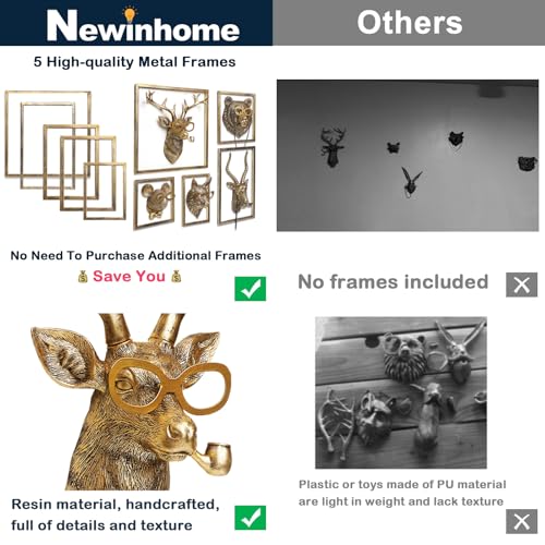 Newinhome Animal Heads Wall Decor 5pcs,Includes Metal Frame,Resin,Gold - Like New