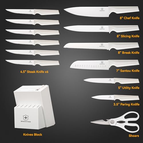 BRAVESTONE Knife Sets with Block, 15 Pcs Kitchen Knife Set Block Self Sharpening - Like New
