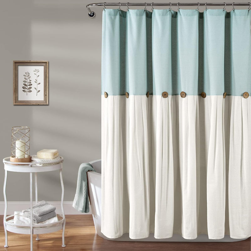 LUSH DECOR SHOWER CURTAIN, COCONUT BUTTON DETAIL (72” X 72”) - BLUE/OFF WHITE - Brand New