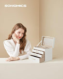 SONGMICS JEWELRY BOX WITH GLASS LID, 4-LAYER JEWELRY ORGANIZER, 3 DRAWERS , GOLD - Like New