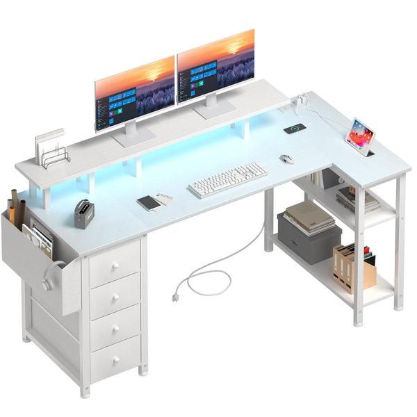 LUFEIYA WHITE L SHAPED COMPUTER DESK WITH FABRIC DRAWERS 55 INCH - WHITE - Like New