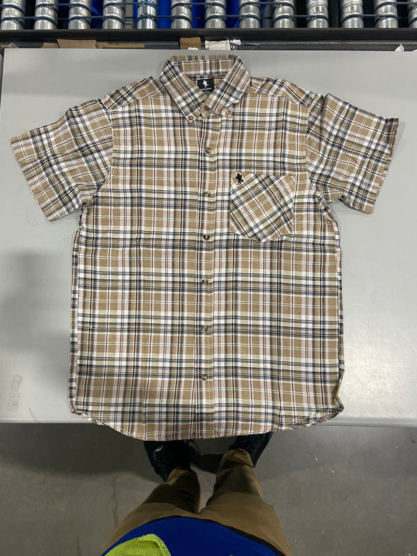 BLACK HORSE MEN'S S/S WOVEN PLAID SHIRT - MENS SMALL - BROWN/BLACK/WHITE/YELLOW - Brand New