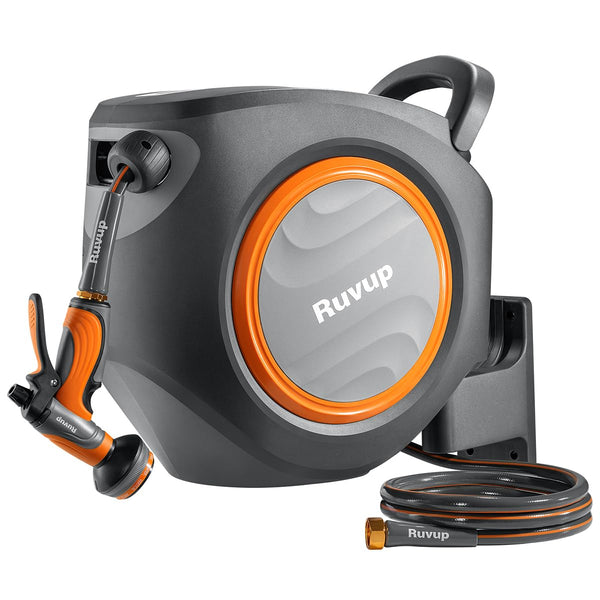 R RUVUP RETRACTABLE GARDEN HOSE REEL 5/8X 100FT W MOUNT 810 - DARK GRAY - Like New