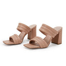 Ermonn Womens Chunky Block Heeled Sandals Two Strap High Heels Nude Size 6.5 - Like New
