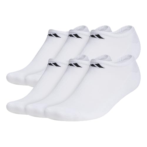 ADIDAS MEN'S ATHLETIC CUSHIONED NO SHOW SOCKS, SIZE LARGE, 6-PAIR, WHT/BLK - Brand New