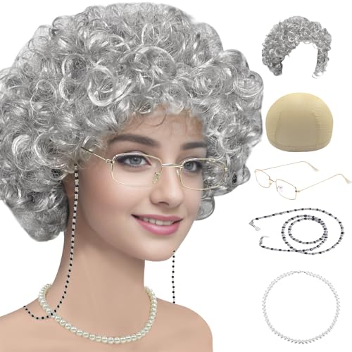 CUPOHUS OLD LADY COSTUME SET GRANDMA WIG CAP MADEA GRANNY GLASSES EYEGLASS - Like New
