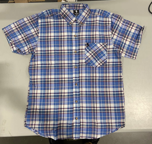 BLACK HORSE MEN'S S/S WOVEN PLAID SHIRT - SMALL - BLUE/RED/WHITE/LIGHT BLUE - Brand New