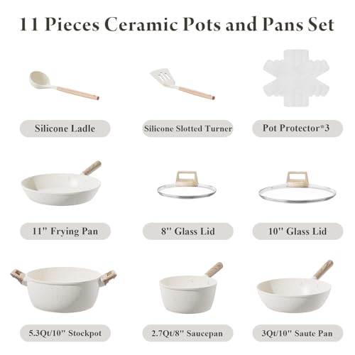 BAZOVA 11 PCS POTS AND PANS SET NON STICK,CERAMIC COOKWARE SET WHITE - Like New