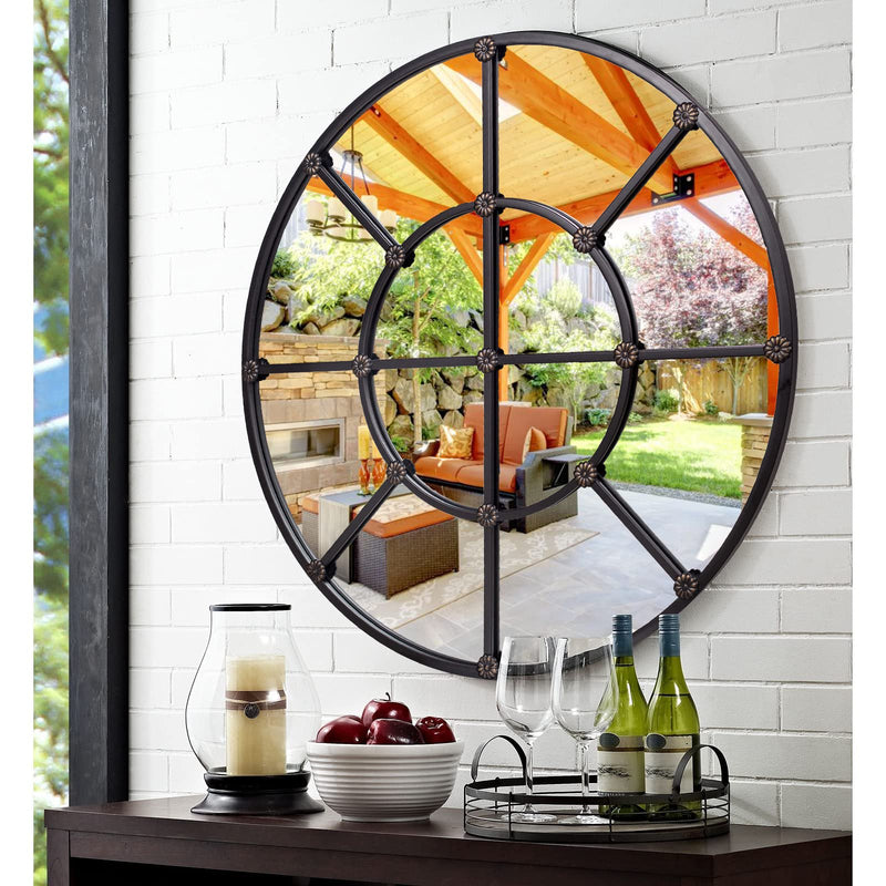 GIFTTROVE LARGE DECORATIVE BLACK GRID ROUND METAL FRAMED MIRROR 35" - BLACK - Like New