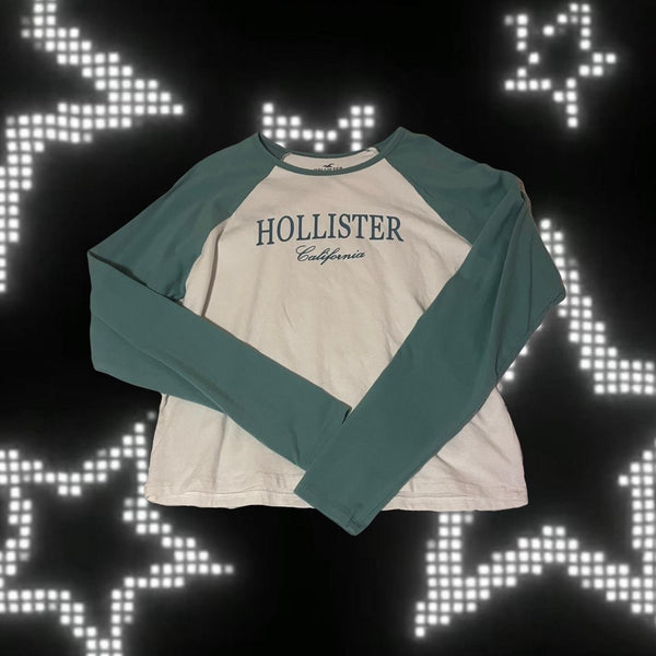 HOLLISTER LONG SLEEVE PRINT LOGO GRAPHIC TEE COLOR` SIZE: WOMEN XL - WHITE/GREEN - Brand New