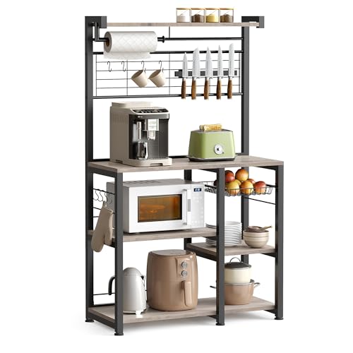 VASAGLE BAKERS RACK WITH MAGNETIC KNIFE HOLDER, WIRE BASKET - GREIGE/BLACK - Like New