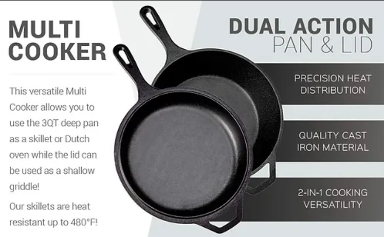 CUISINART PRE-SEASONED CAST IRON 2-IN-1 3 QUART DUTCH OVEN LID SET - BLACK Like New