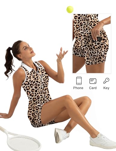 FKEEP WOMEN'S GOLF TENNIS DRESS ACTIVEWEAR ZIPPER V-NECK SHORTS LEOPARD L - Brand New