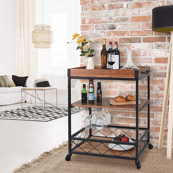 CharaVector Solid Wood Bar Serving Rolling Kitchen Storage Cart - Scratch & Dent