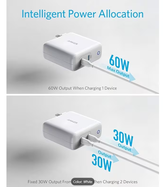 ANKER 60W 2-PORT POWERPORT ATOM PD 2 GAN COMPACT FOLDABLE WALL CHARGER - WHITE - Like New