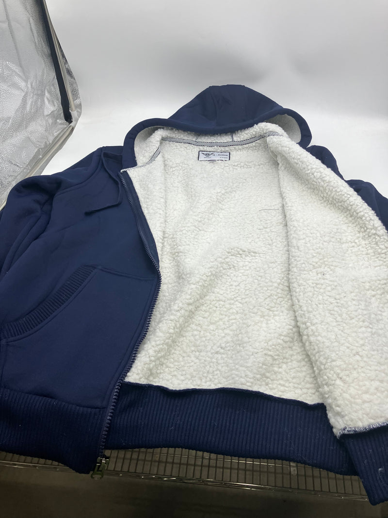 Q-ACTIVE MEN'S MODERN FIT SHERPA LINED FLEECE ZIP-UP HOODIE, LARGE, NAVY, 322442 - Brand New