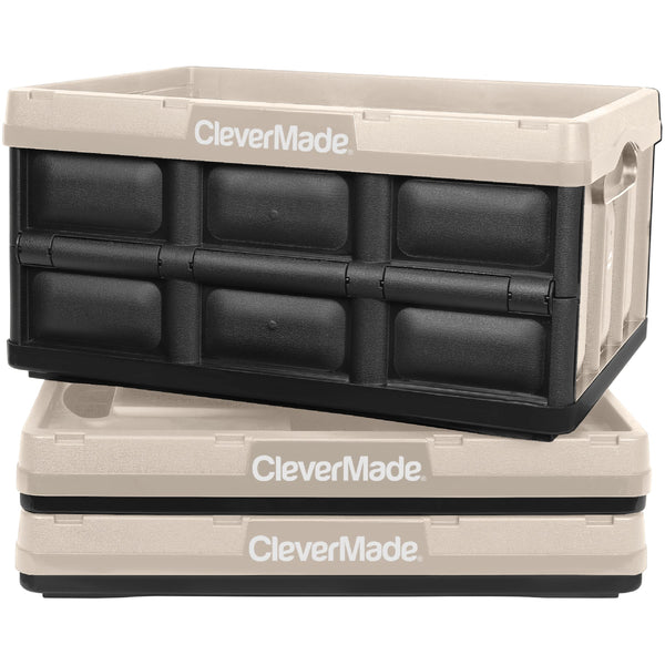 CleverMade Collapsible Storage Bins, Stackable Containers, 3PK, Tan, 32L - Like New