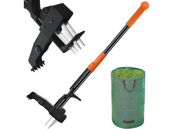 GOODPARTNER WEED PULLER TOOL 40" LONG HANDLE WEED PICKER LEAF BAG - BLACK/ORANGE - Like New